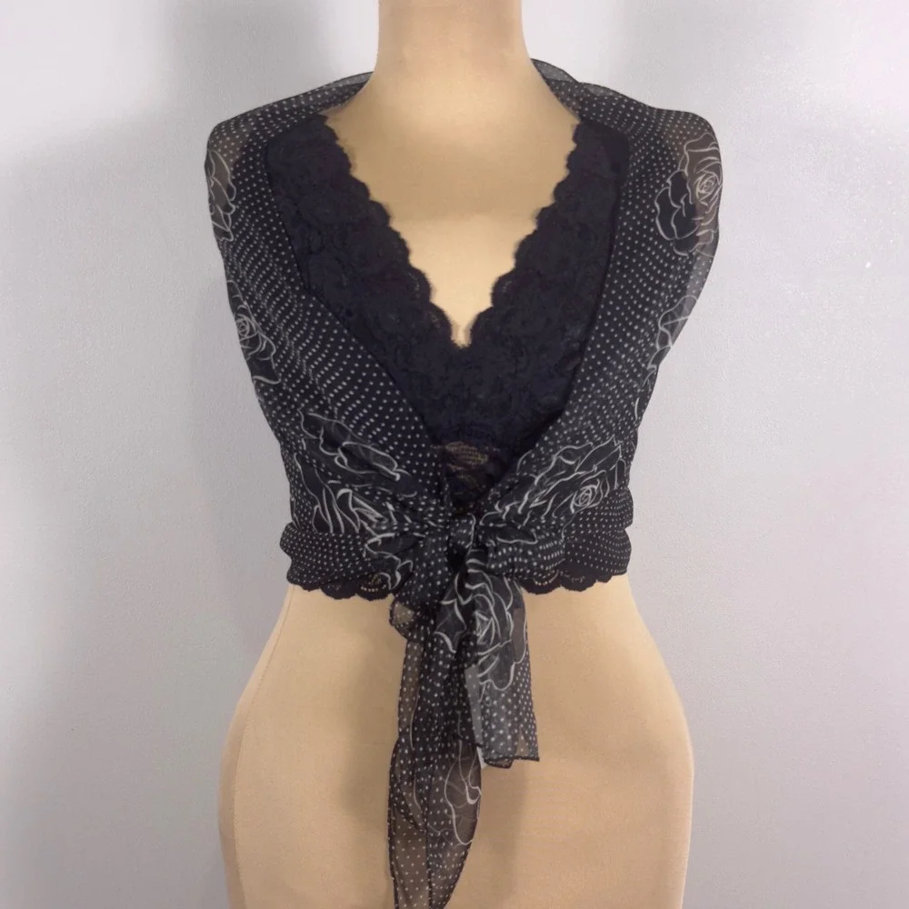 NWT Black‎ Sheer Silk Blend Rose Scarf Polka Dot Dark Romantic Coquette Wrap